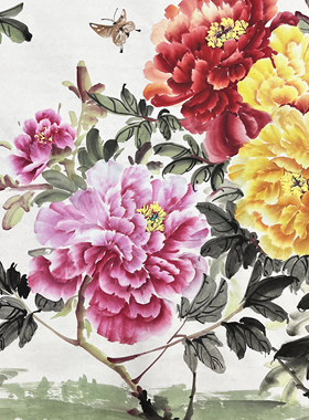 张银手绘国画花开富贵牡丹横幅小六尺沙发墙背景墙客厅装饰画中式