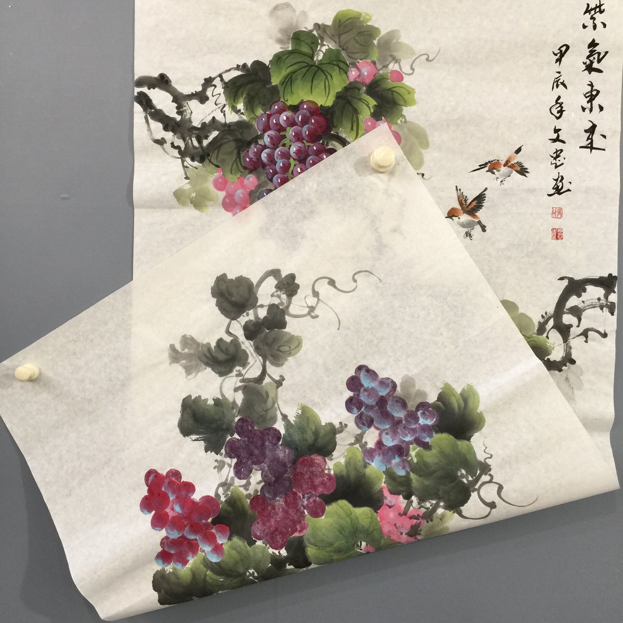【张文忠】手绘国画葡萄小鸟四尺竖版紫气东来客厅中堂玄关装饰画