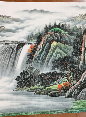 张文忠手绘国画山水横幅小六尺富水长流客厅沙发公司背景墙装饰画