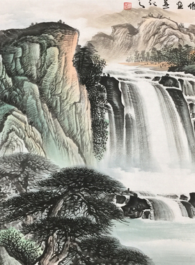 蒋文杰手绘国画山水横幅小六尺源远流长客厅沙发背景墙装饰180*68