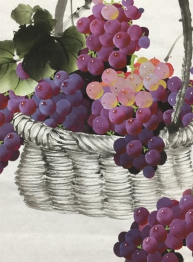 李雪梅手绘篮子葡萄三尺竖版客厅走廊玄关中式水果装饰画98*50cm