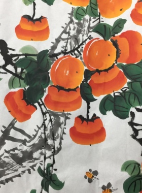 杜静丽纯手绘国画蜜蜂柿子三尺斗方宣纸50*50cm客厅走廊餐厅玄关