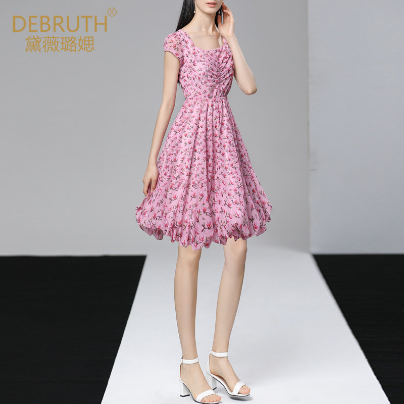 黛薇璐媤粉色碎花印花网不连衣裙 黛薇璐媤女装连衣裙