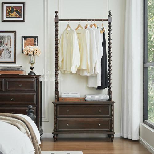 美式复古实木挂衣架落地靠墙法式中古风卧室衣服衣帽架床头柜一体 - 图3