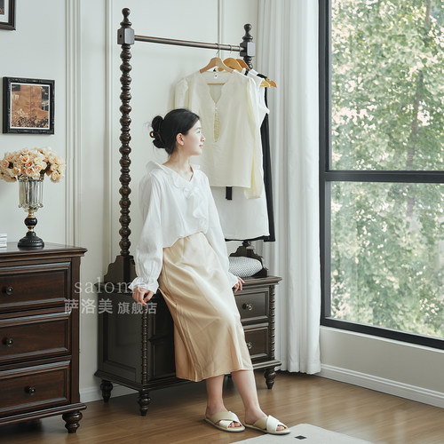 美式复古实木挂衣架落地靠墙法式中古风卧室衣服衣帽架床头柜一体 - 图1