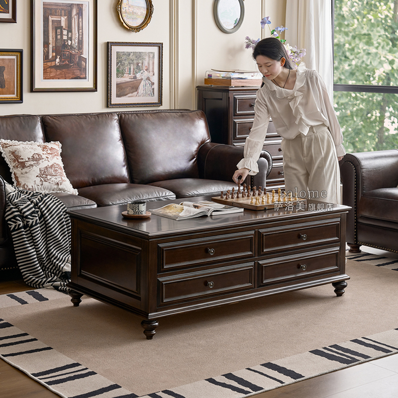 美式复古全实木茶几电视柜组合客厅家用轻奢高级感中古储物茶几桌 - 图0