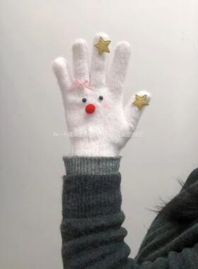 白色雪人手套女冬季保五指手套