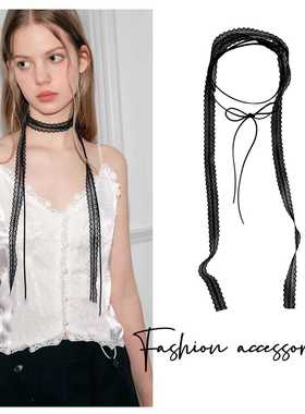 黑色叠戴层次感设计蕾丝飘带细窄