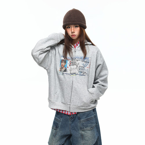 BTSG 美式复古街头印花boxy正肩连帽卫衣 baggy宽松拉链开衫外套 - 图0