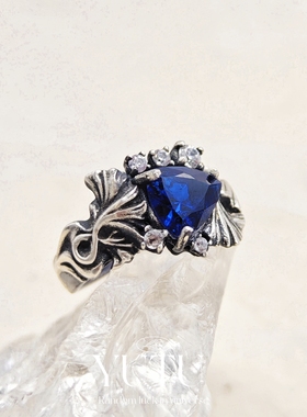 YUTU原创设计S925银做旧银杏叶戒指镶嵌培育蓝宝石时尚简约百搭