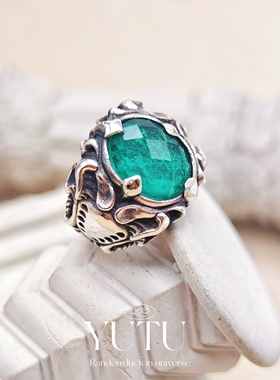 YUTU 原创设计S925银镶人造帕拉伊巴色宝石戒指轻奢时尚个性气质