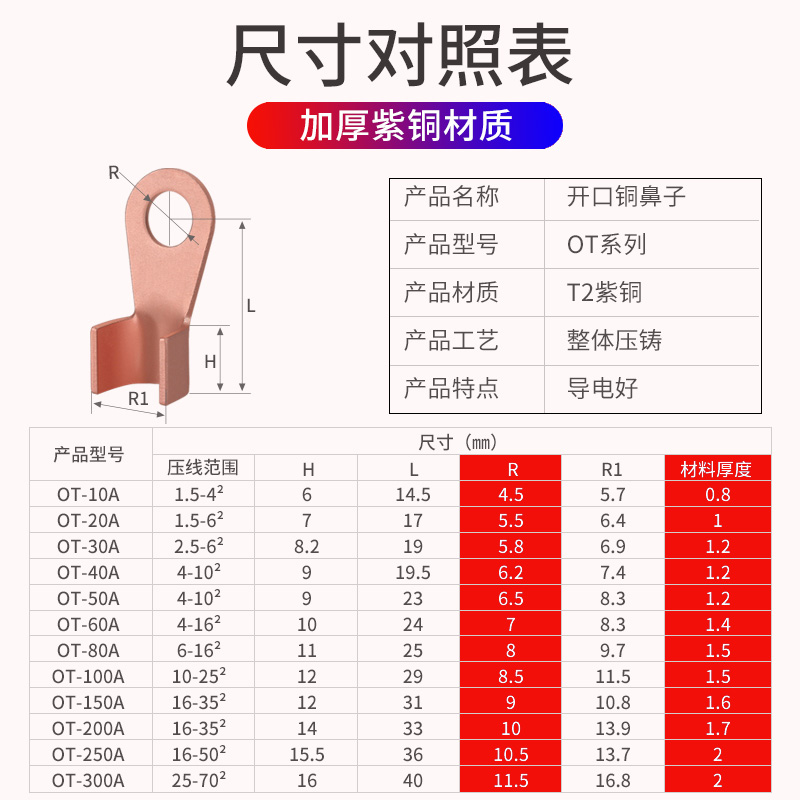 OT开口铜鼻子紫铜开口鼻铜线电线铜接头25线鼻子平方线耳接线端子