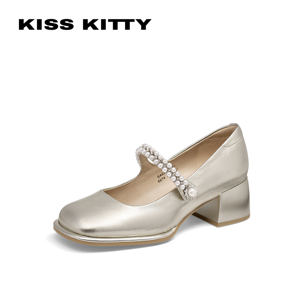 KISSKITTY春夏方头玛丽珍鞋法式单鞋珍珠粗高跟鞋女SA65125-81,淘宝优惠券,粉丝福利购,淘宝优惠卷