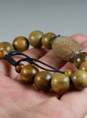 [原创]天然橄榄形戈壁石配绿檀木个性手链可伸缩款手串楼叔孤品