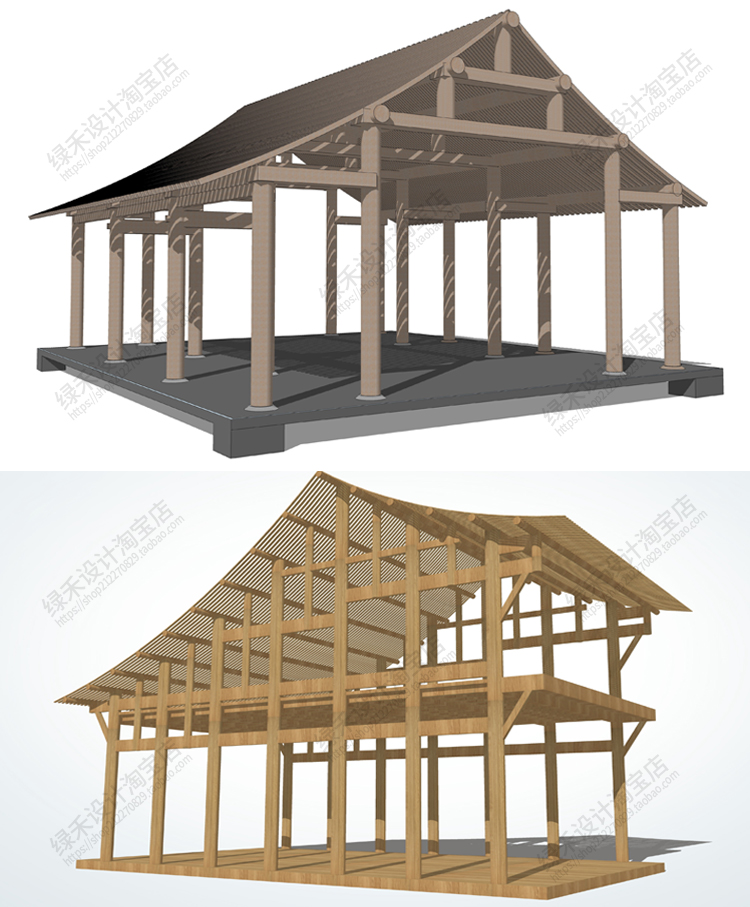 草图大师木结构建筑构架传统民居坡屋顶屋面房屋木框架构造SU模型 - 图2