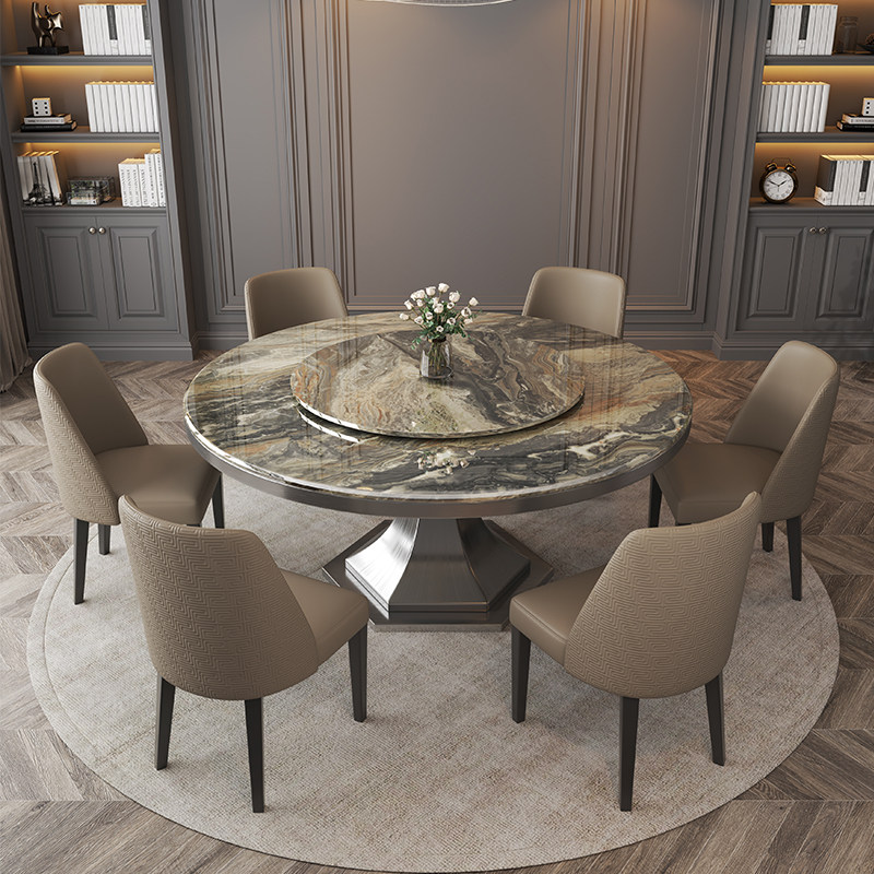 新款大理石餐桌圆形带转盘高端意式现代简约进口奢石威尼斯棕圆桌,淘宝优惠券,粉丝福利购,淘宝优惠卷