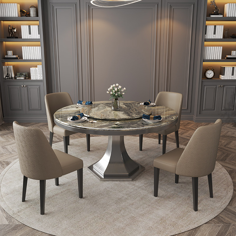 新款大理石餐桌圆形带转盘高端意式现代简约进口奢石威尼斯棕圆桌,淘宝优惠券,粉丝福利购,淘宝优惠卷