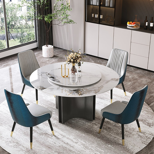 岩板餐桌圆形天然进口蓝翡翠奢石轻奢高端家用大圆桌带转盘圆桌椅 - 图2