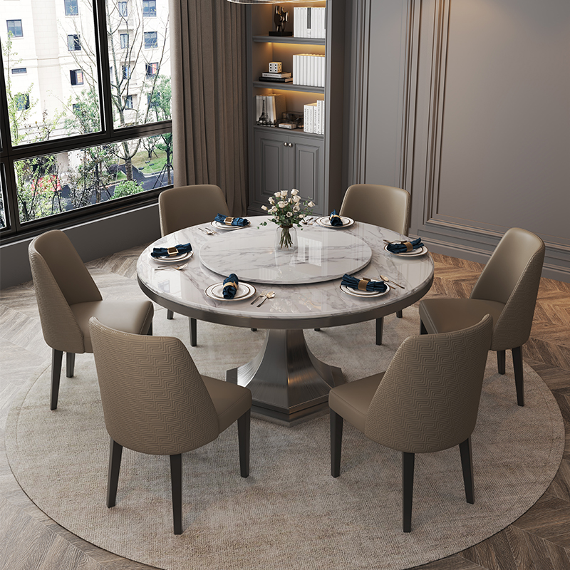 新款大理石餐桌圆形带转盘高端意式现代简约进口奢石威尼斯棕圆桌,淘宝优惠券,粉丝福利购,淘宝优惠卷