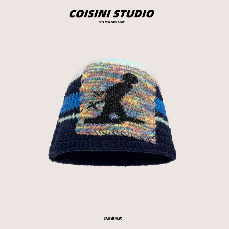 韩国小众设计师花朵贴布针织渔夫帽子秋冬宋旻浩同款防寒保暖盆帽