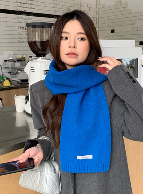 蓝色100%羊毛围巾女秋冬