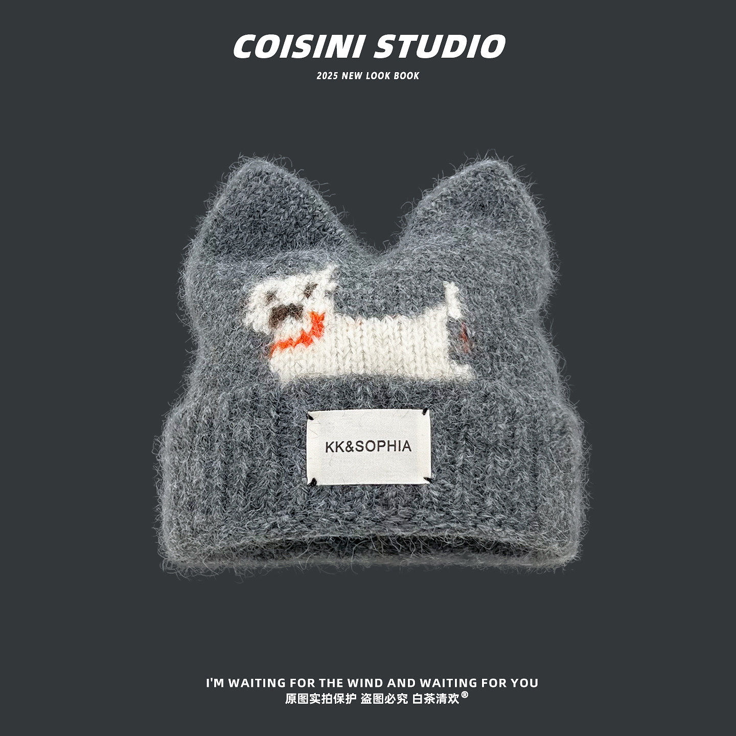 2025新款可爱小狗钩花猫耳朵毛线帽女秋冬保暖百搭蓝色显白针织帽,淘宝优惠券,粉丝福利购,淘宝优惠卷