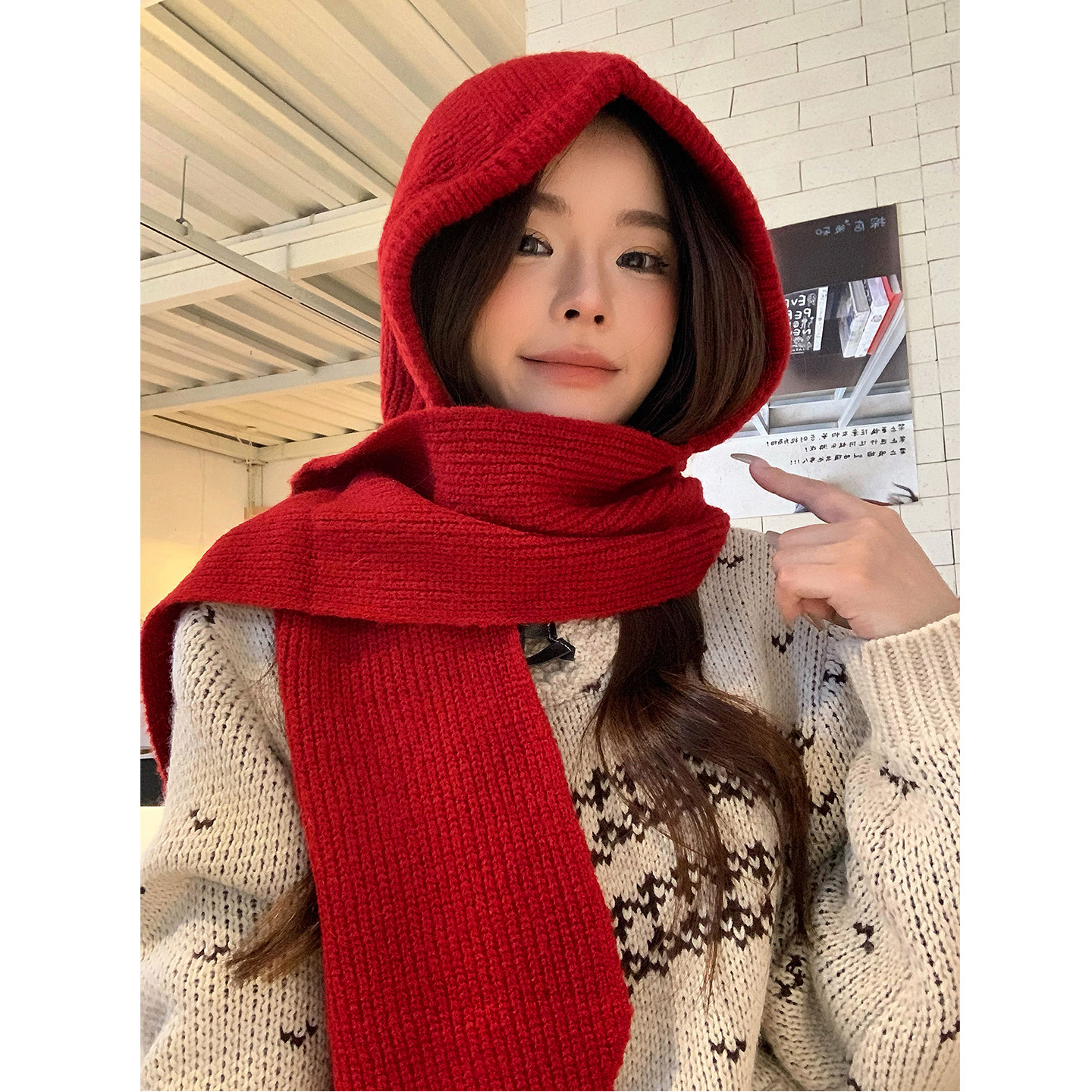 红色氛围感巴拉克拉法帽子女秋冬季保暖百搭帽子围巾一体连帽围脖,淘宝优惠券,粉丝福利购,淘宝优惠卷