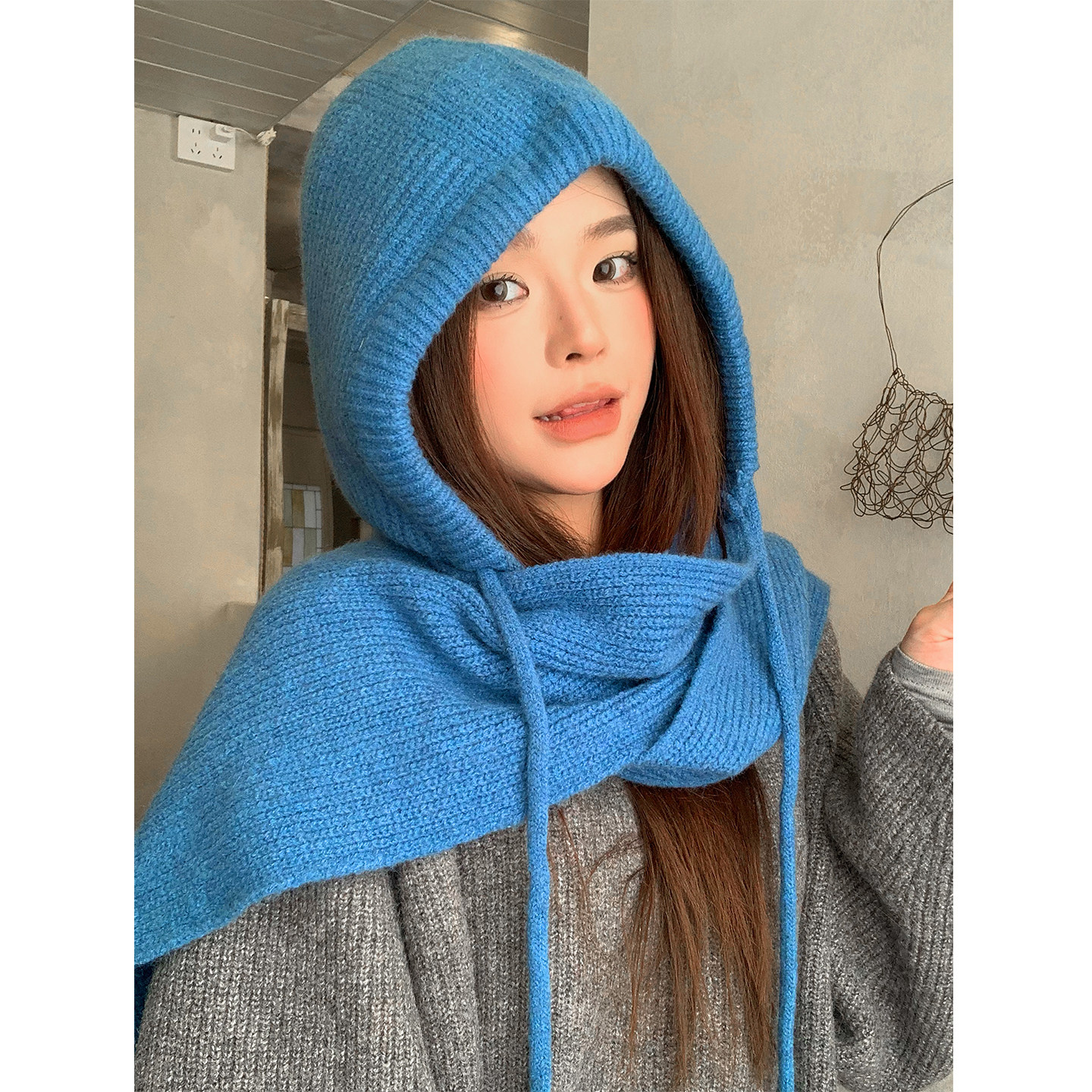 韩版蓝色巴拉克拉法帽子女秋冬季保暖毛线帽子围巾一体连帽针织帽,淘宝优惠券,粉丝福利购,淘宝优惠卷