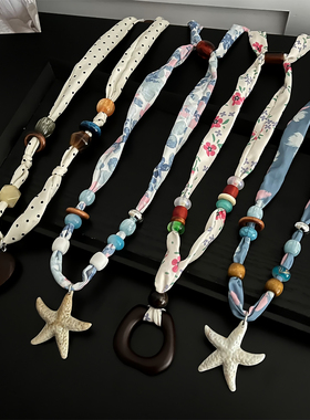 新款复古文艺串珠丝巾项链女穿搭