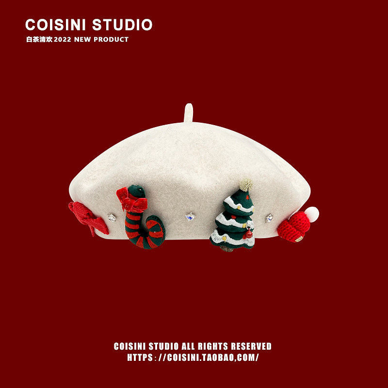 日系甜美圣诞元素红色羊毛尼贝雷帽子女冬季保暖百搭学生画家帽潮,淘宝优惠券,粉丝福利购,淘宝优惠卷