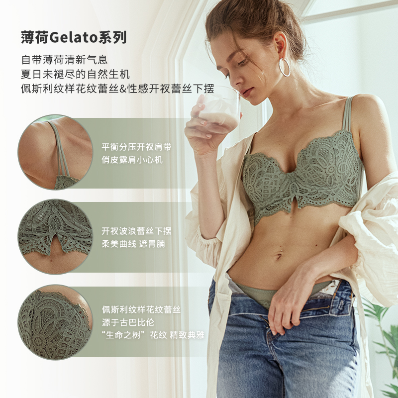 KKay调整型内衣大码防下垂大胸显小收副乳绿色文胸薄|薄荷Gelato-图1