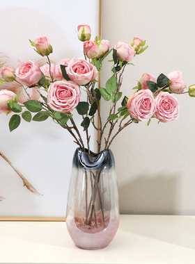 高级感香槟色3头皇妃玫瑰花仿真花绢花客厅复古装饰防真假花摆件