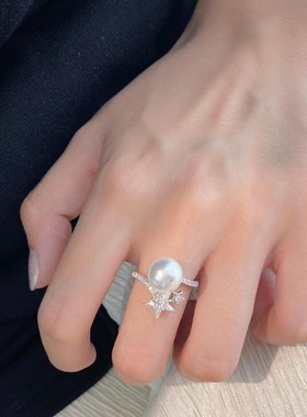 s925纯银正圆施家珍珠大小双子星戒指女精致满锆气质繁星手饰