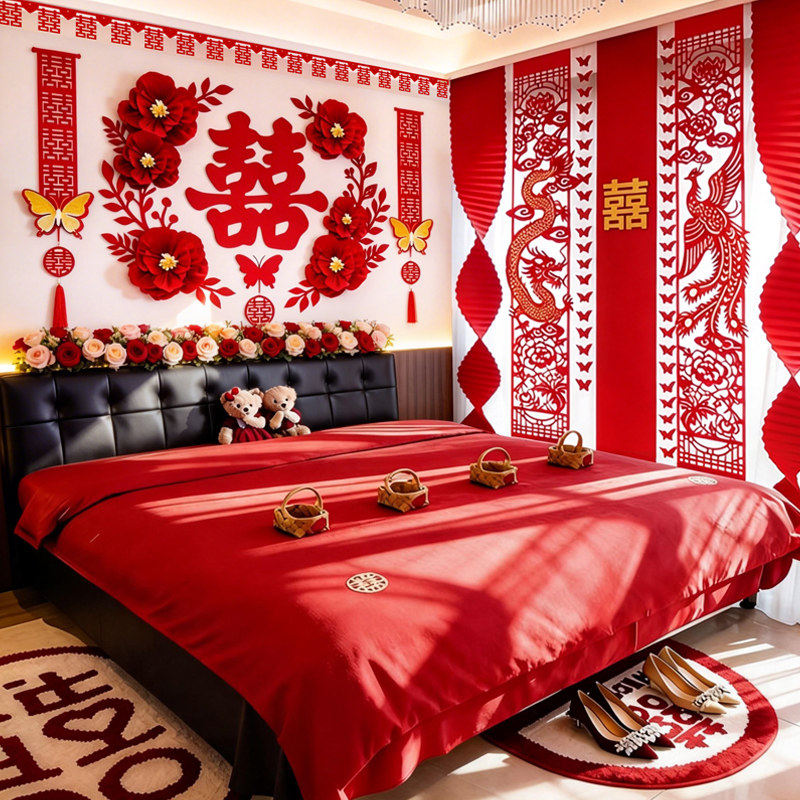 结婚床头装饰婚房布置套装男女方婚礼新房客厅拉花卧室喜字背景墙