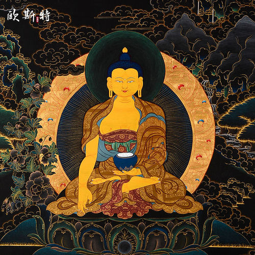 欧斯特 释迦牟尼佛手绘唐卡 西藏背景墙画黑卡画像挂画客厅装饰画 - 图2