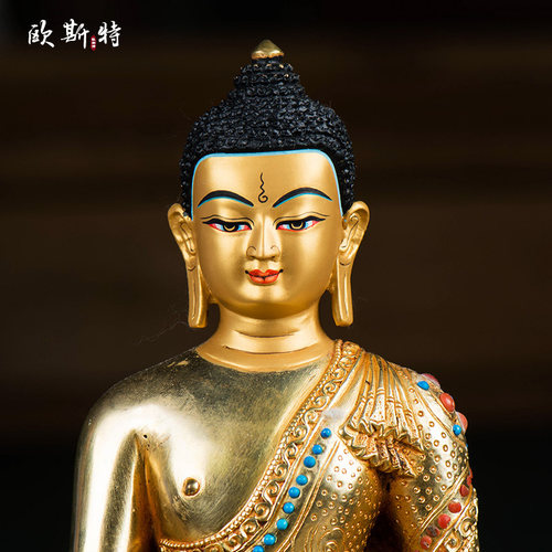 欧斯特《药师佛铜像摆件》 家居用品尼泊尔手工7寸铜全鎏金镶松石 - 图1