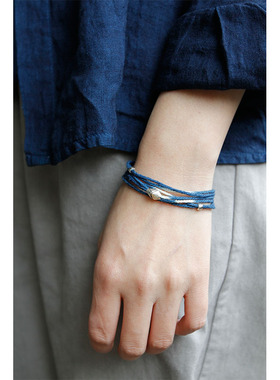 蓝染棉麻编织天然植物手链手工