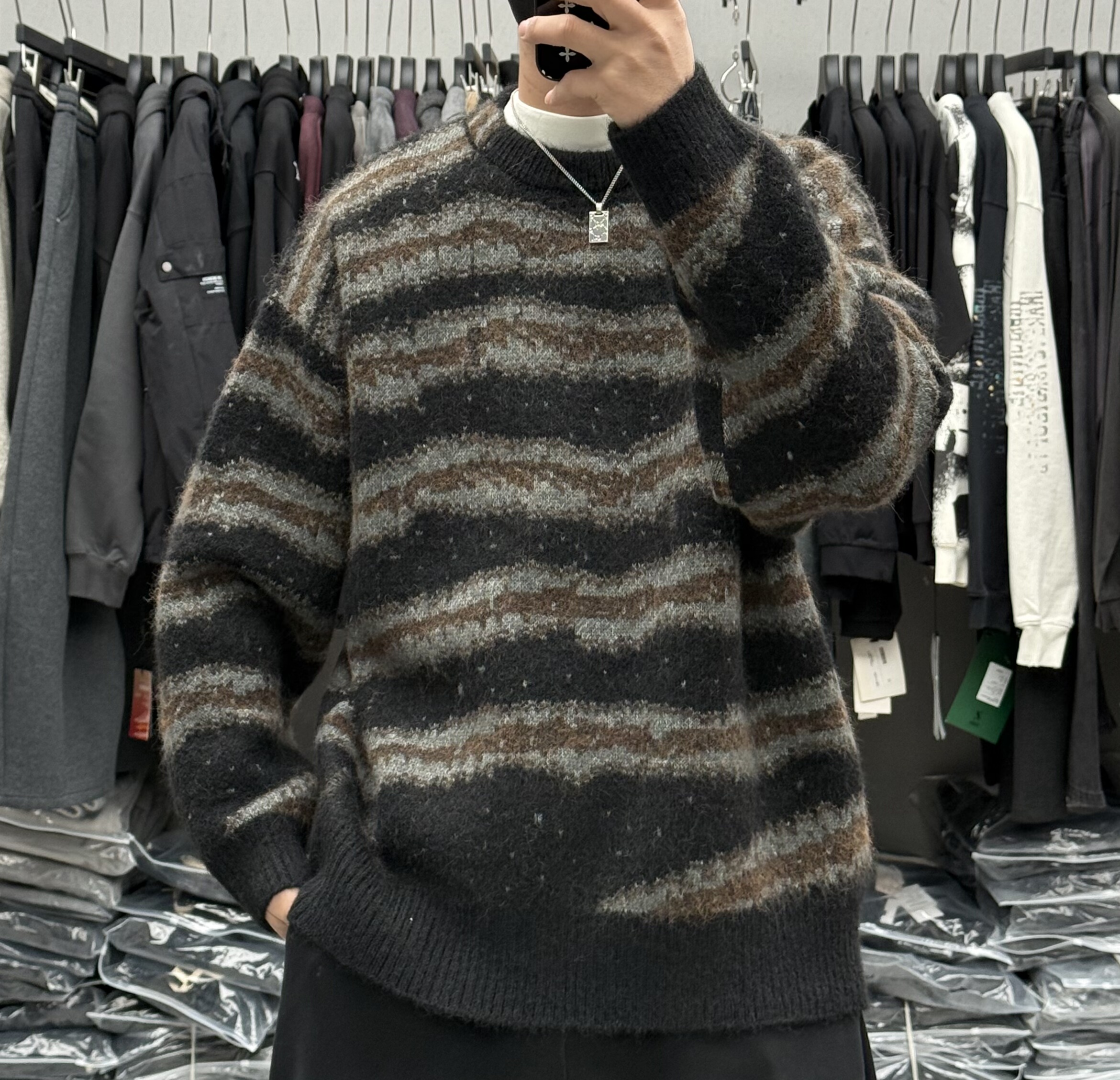 美式复古撞色条纹圆领毛衣男冬季慵懒风宽松百搭保暖羊毛针织衫潮,淘宝优惠券,粉丝福利购,淘宝优惠卷