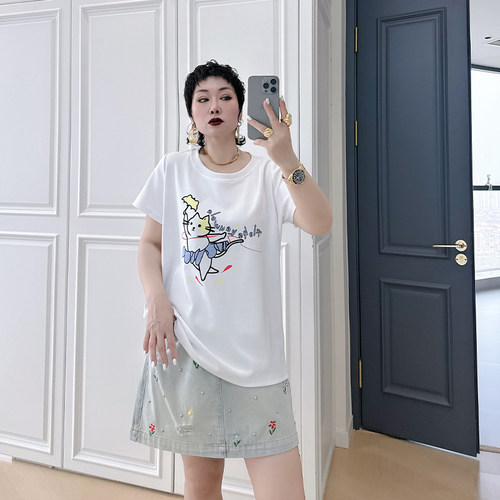 短袖t恤大码女装春季新款200斤胖mm设计感小众减龄显瘦遮肚子上衣 - 图1