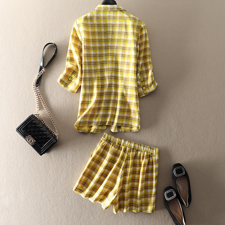 帅性炸街！25轻薄真丝桑蚕丝格纹小西装短裤套装干练7分袖外套女,淘宝优惠券,粉丝福利购,淘宝优惠卷