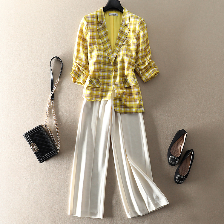 帅性炸街！25轻薄真丝桑蚕丝格纹小西装短裤套装干练7分袖外套女,淘宝优惠券,粉丝福利购,淘宝优惠卷