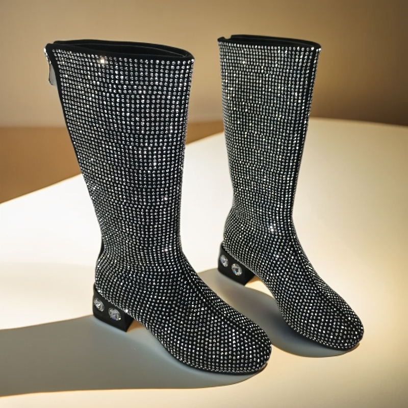 欧美时尚水钻宝石粗跟满钻高筒靴不过膝小码模特走秀比赛PK表演鞋 - 图2