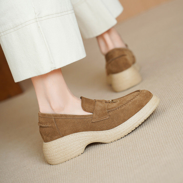 5cm法式复古真皮反绒厚底乐福鞋女一脚蹬深口单鞋休闲中跟小皮鞋,淘宝优惠券,粉丝福利购,淘宝优惠卷