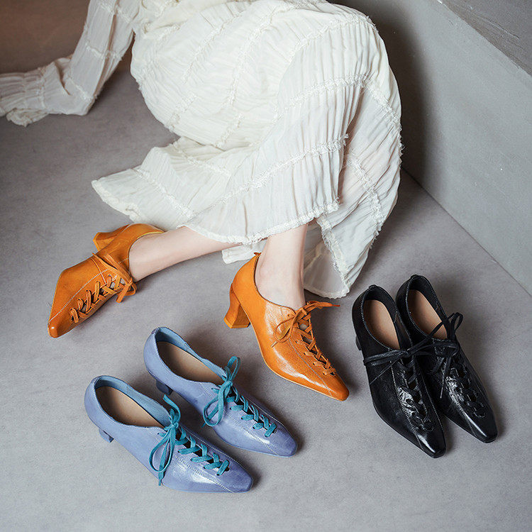 早春重工水洗马皮法式通勤百搭黑色尖头鱼骨鞋时尚芭蕾系带单鞋女,淘宝优惠券,粉丝福利购,淘宝优惠卷