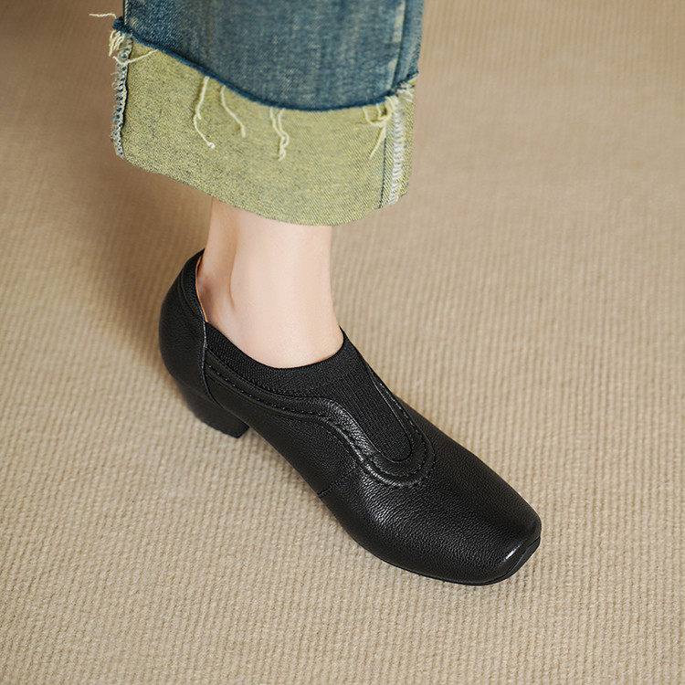 4cm真皮深口单鞋女2026新款拼接软皮中跟皮鞋粗跟舒适小羊皮女鞋,淘宝优惠券,粉丝福利购,淘宝优惠卷