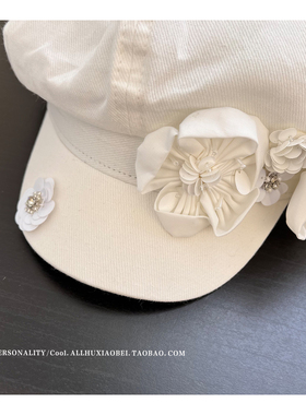 设计师款钉珠白色花朵八角帽百搭