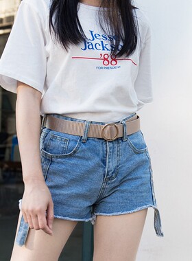 圆扣帆布腰带男学生裤腰带女士皮带时尚装饰细皮带女简约百搭韩国