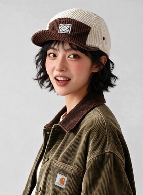 秋冬拼色华夫格鸭舌帽灯芯绒棒球帽女复古工装帽户外休闲百搭男女