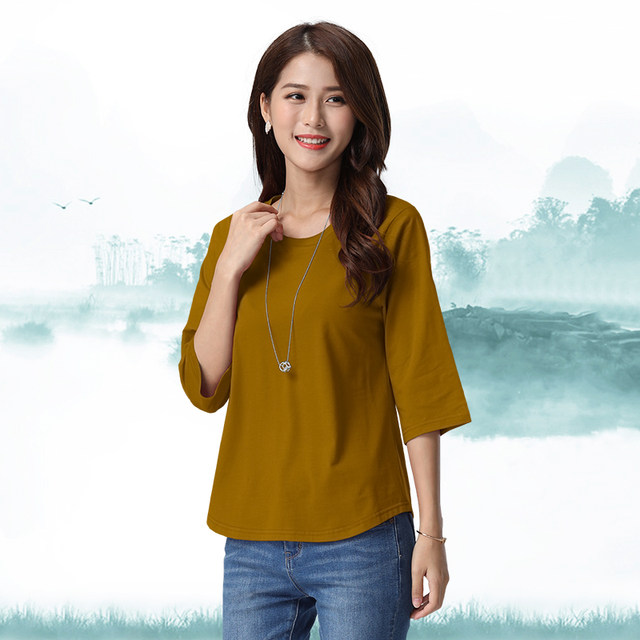 Women's pure cotton loose 7-quarter sleeve top