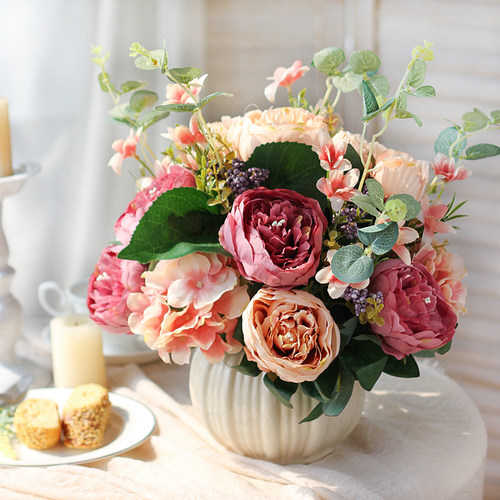餐桌仿真花艺花卉假花装饰花绢花套装花瓶摆件摆设客厅家居花卉 - 图0